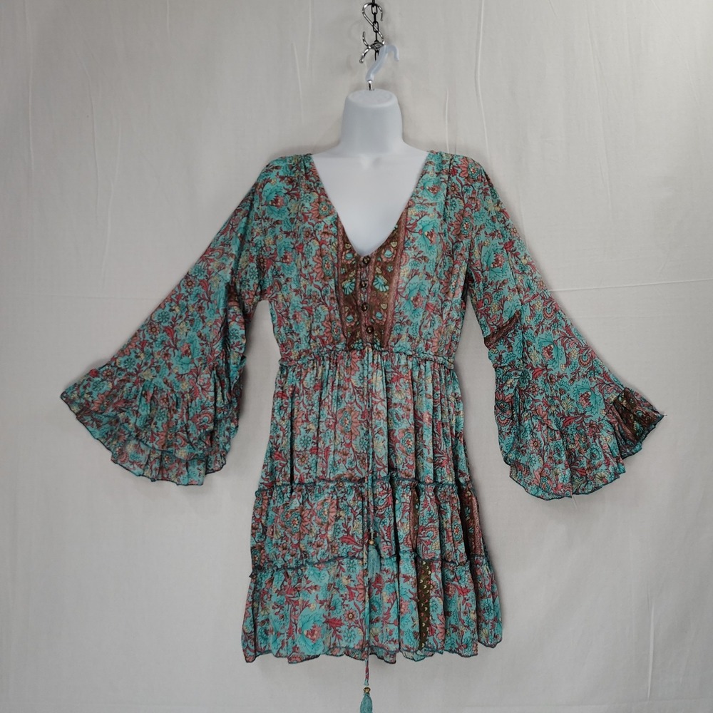 100% Silk Mini Dress Womens Floral Tiered Drawstring Free Size Festival Bias Cut